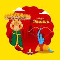 Illustration von Dämon Ravana mit Herr Rama halten Bogen Pfeil und zündete Öl Lampe auf rot und Gelb Hintergrund zum glücklich dussehra. vektor