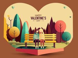 glücklich Valentinstag Tag Konzept mit jung Paar Charakter Sitzung auf Bank und Papier Natur Hintergrund. vektor
