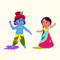 Illustration von wenig Herr krishna und Radha Charakter spielen Farben zusammen zum glücklich holi Konzept. vektor