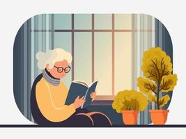 Alten Frau lesen ein Buch, Pflanze Töpfe und Vorhänge auf Fenster Hintergrund. vektor
