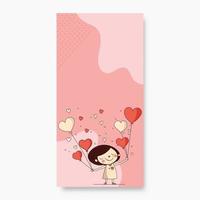isolerat söt liten flicka innehav hjärta form ballonger på pastell rosa vätska bakgrund och kopia Plats. kärlek eller hjärtans dag begrepp. vektor