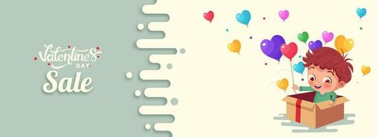 Valentinstag Tag Verkauf Banner oder Header Design mit süß Junge Charakter Kommen aus von Überraschung Kasten, bunt Herz Luftballons auf gerundet Linien Muster Hintergrund. vektor