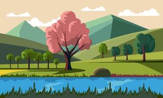 schön Natur Landschaft Hintergrund mit Teich oder Fluss, Bäume und Berge. vektor