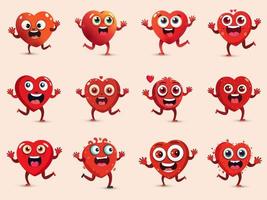 uppsättning av söt röd hjärta maskot tecken med olika uttryck i löpning poserar. Lycklig hjärtans dag begrepp. vektor