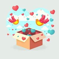Herzen Kommen aus von Karton Box mit fliegend Vögel auf Wolken cyan Herz gestalten Hintergrund. Valentinstag Tag Konzept. vektor