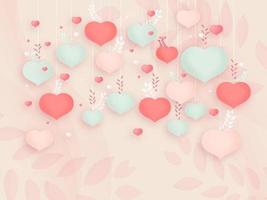 hängande mjuk Färg hjärtan form dekorerad på pastell rosa löv bakgrund. kärlek eller valentines dag begrepp. vektor
