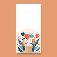 Vektor Karikatur jung Paar Stehen mit Herz Luftballons Kommen aus von Kasten, Blätter und Kopieren Raum. Valentinstag Tag Vorlage oder Vertikale Banner Design.