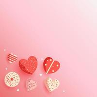 oben Aussicht von anders Stil Süßigkeiten mit Herz Formen auf glänzend Rosa Hintergrund und Kopieren Raum. vektor