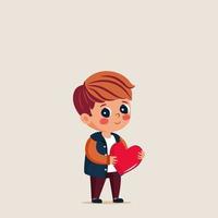karaktär av ung pojke innehav röd hjärta i stående utgör. vektor