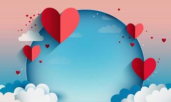 rot Papier Schnitt Herzen mit Blau runden Form, Wolken zum Liebe oder Valentinstag Konzept. vektor