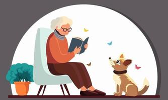 äldre kvinna läsning en bok på fåtölj i främre av förtjusande hund, växt pott, fjärilar på grå och vit bakgrund. vektor