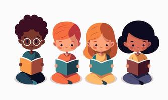 tecknad serie barn karaktär läsning en bok i Sammanträde utgör. vektor