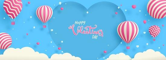 glücklich Valentinstag Tag Schriftart mit heiß Luft Luftballons, Kugel, Wolken dekoriert auf Herz gestalten Blau Hintergrund. vektor