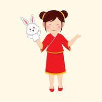 Charakter von Chinesisch jung Mädchen tragen Hase Marionette Handschuh im einer Hand auf Beige Hintergrund. vektor