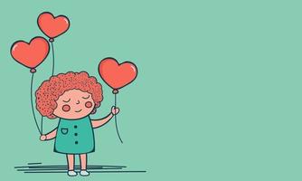 süß wenig Mädchen halten Herzen Luftballons auf Pastell- Grün Hintergrund und Kopieren Raum. vektor