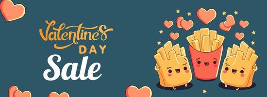 Valentinstag Tag Verkauf Banner oder Header Design mit komisch Französisch Fritten Kisten und Herzen auf Blau Hintergrund. vektor