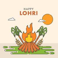 Lycklig lohri firande hälsning kort med bål, sockerrör, vete öra och Sol på pastell persika bakgrund. vektor