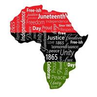 Silhouette von Afrika im Farben von das schwarz Geschichte Monat Flagge. Wörter symbolisieren afrikanisch amerikanisch Unabhängigkeit Tag, Geschichte und Erbe. Vektor Illustration isoliert auf Weiß