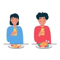 Mann und Frau nehmen Fotos von Essen vektor