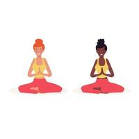 Frauen von anders Nationalitäten Sitzung im ein Yoga Pose. afrikanisch amerikanisch Frau. gesund und aktiv Lebensstil vektor