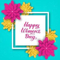 Lycklig kvinnor dag kalligrafi text med papper skära blommor. origami stil vektor illustration. blommig internationell kvinnor dag baner, affisch, fest inbjudningar, hälsning kort, etc