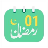 1:a ramadan ikoner elegant grön kalender med gyllene halvmåne måne. engelsk text. och arabicum kalligrafi. vektor