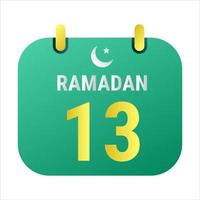 13 .. Ramadan feiern mit Weiß und golden Halbmond Monde. und Englisch Ramadan Text. vektor