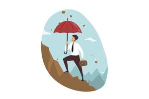 skydd, mål prestation, Framgång, företag begrepp. affärsman chef kontorist chef ledare karaktär klättrande montering beläggning paraply från stenfall. uthållighet strävan av nå Framgång. vektor