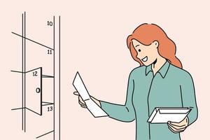 leende kvinna öppen brevlåda läsning korrespondens. Lycklig kvinna kontroll post i hus låda. vektor illustration.