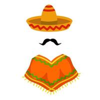 poncho. röd och orange mexikansk cape. nationell klänning. latin kostym. sombrero hatt och mustasch. platt tecknad serie isolerat på vit vektor