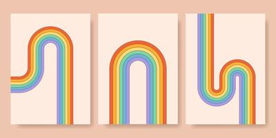uppsättning av retro hippie HBTQ randig affischer. Gay och lesbisk abstrakt häftig symboler i regnbåge färger. vektor