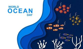 Welt Ozean Tag Salz- Wasser Fisch Banner Poster. Papier Schnitt unter Wasser Meer Hintergrund Vektor. vektor