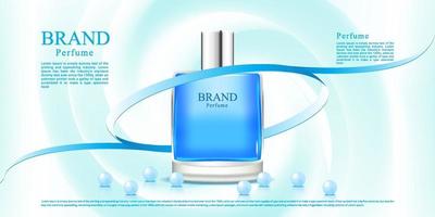 Werbung für blaues Parfüm mit hellem Stoffhintergrund und Band