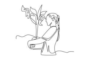 kontinuierlich einer Linie Zeichnung Frau Tragen groß Pflanze im Topf. Welt Umgebung Tag Konzept. Single Linie zeichnen Design Vektor Grafik Illustration.