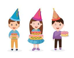 barn med kaka fira en födelsedag fest vektor illustration
