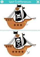finden Unterschiede Spiel zum Kinder. Meer Abenteuer lehrreich Aktivität mit süß Pirat Schiff. Schatz Insel Puzzle zum Kinder mit komisch Seeräuber Boot mit schwarz Segel. druckbar Arbeitsblatt vektor