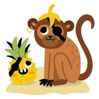 Vektor Pirat Affe mit lächelnd Ananas. süß einer Auge Tier und Obst Illustration. Schatz Insel Jäger mit Banane Haut. komisch Pirat Party Szene zum Kinder. tropisch Affe Bild mit Auge Patch