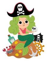 fe- berättelse vektor pirat sjöjungfru med grön hår Sammanträde på en sten. fantasi flicka med hav raider Tillbehör isolerat på vit bakgrund. skrämmande hav prinsessa i pirat hatt. skatt ö ikon