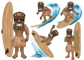 uppsättning av tecknad serie tiki mask spela surfing samling vektor