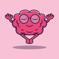 vektor söt tecknad serie karaktär av intelligent mänsklig hjärna med glasögon mediterar