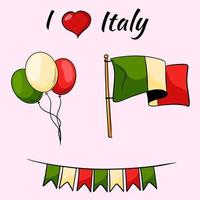 Italien. landemblem. italiensk flagga. bollar i färgerna i Italien. flash-enheter. vektorillustration i tecknad stil. vektor