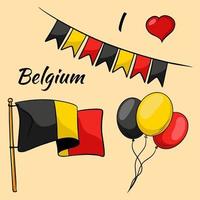 Belgien flagga. flaggor och ballonger i Belgiens färger. tecknad stil. vektor