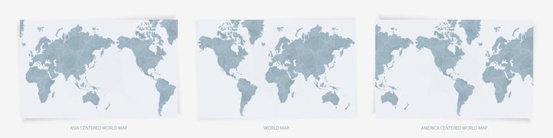 Europa, Asien, und Amerika zentriert Welt Karten. drei Versionen von abstrakt Blau Welt Karten. vektor