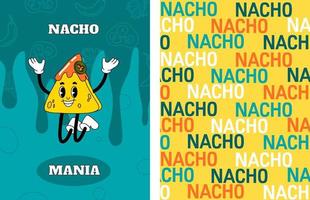 häftig nacho karaktär. mexikansk mat. trippy illustration i 70s stil. traditionell mellanmål. årgång sömlös mönster för Kafé, foodtrack eller restaurang vektor