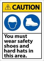 varning tecken, du måste ha på sig säkerhet skor och hård hattar i detta område vektor