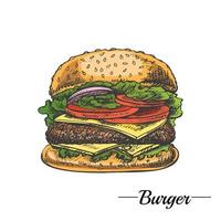 handgemalt farbig skizzieren von großartig köstlich Sandwich, Burger, Hamburger isoliert auf Weiß Hintergrund. schnell Essen Jahrgang Illustration. großartig zum Speisekarte, Poster oder Restaurant Hintergrund. vektor