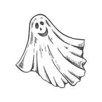 hand dragen skiss av spöke isolerat på vit bakgrund. skrämmande vit spöke. Lycklig halloween. söt årgång läskigt karaktär. vektor illustration för affischer, dekoration och skriva ut.
