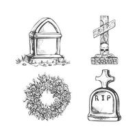 begravning service vektor hand dragen uppsättning. attribut och symboler av beklagande, förlust, död, sorg och kyrkogården. skiss av årgång ritual krans, gravsten, Kista