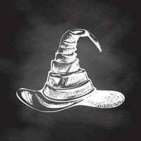 Jahrgang Illustration zum Halloween. ein handgemalt Weiß skizzieren von ein Hexe spitz Hut isoliert auf Tafel Hintergrund. Zeichnung Satz. Vektor Illustration.