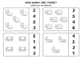 Zählspiel mit niedlichen Insekten. Mathe-Arbeitsblatt. vektor